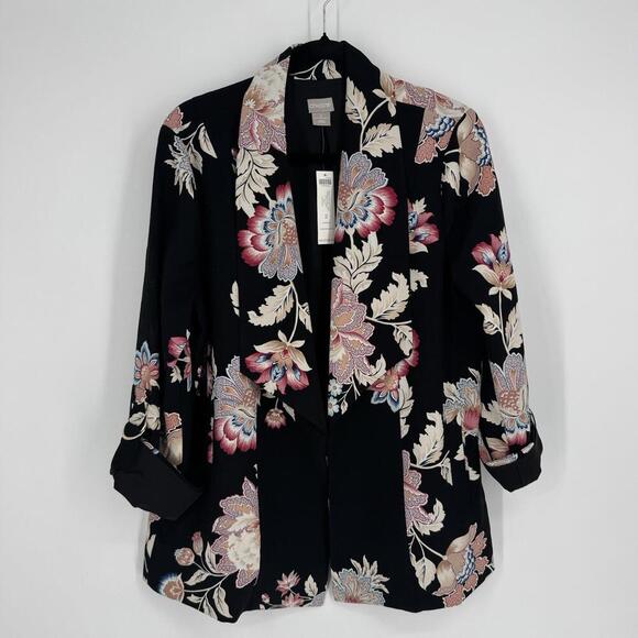 Chico's jacket womens large L drape front soft jacket floral 3/4 sleeve office - Picture 2 of 6